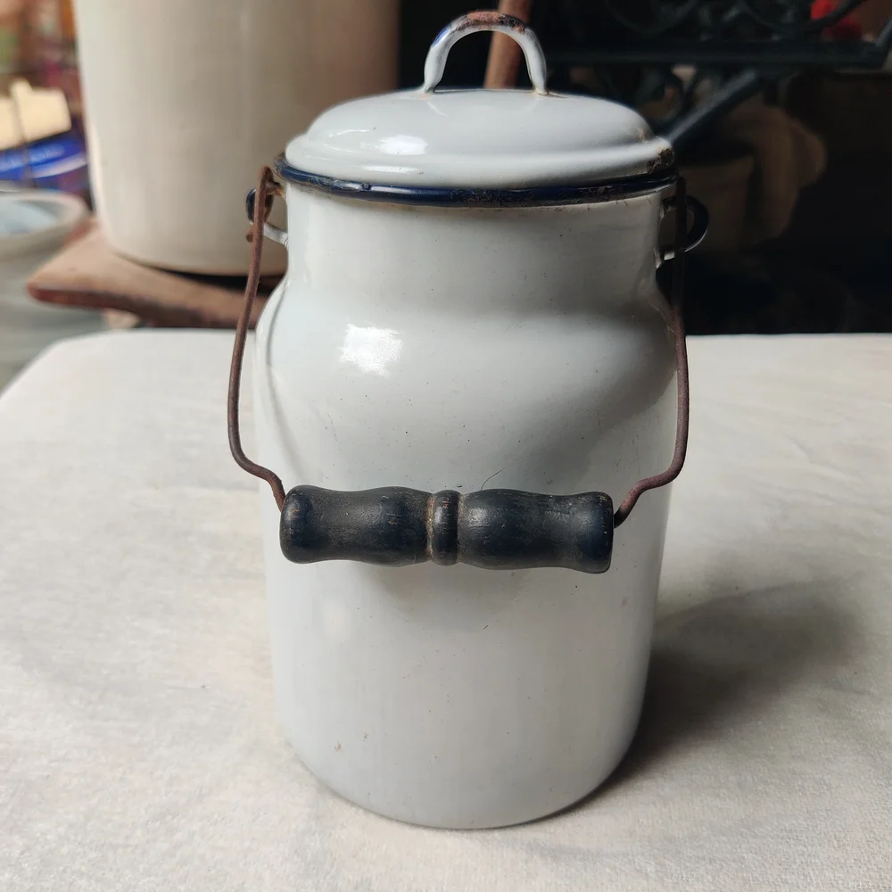 Vintage Antique White Enamelware Milk Canister Lid Wood Bail Handle 9